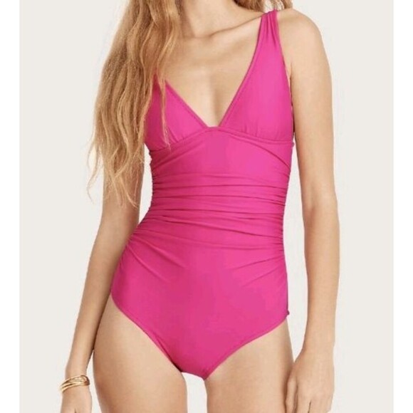 J. Crew Ruched V-Neck One Piece‎ Swimsuit Radiant Fuchsia Style Sz 2 NWT - Picture 1 of 4